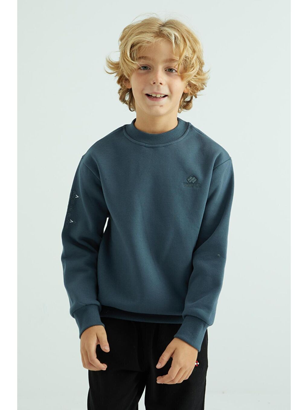 Orman Yeşili Basic Bisiklet Yaka Standart Kalıp Erkek Çocuk Sweatshirt  - 10990-4