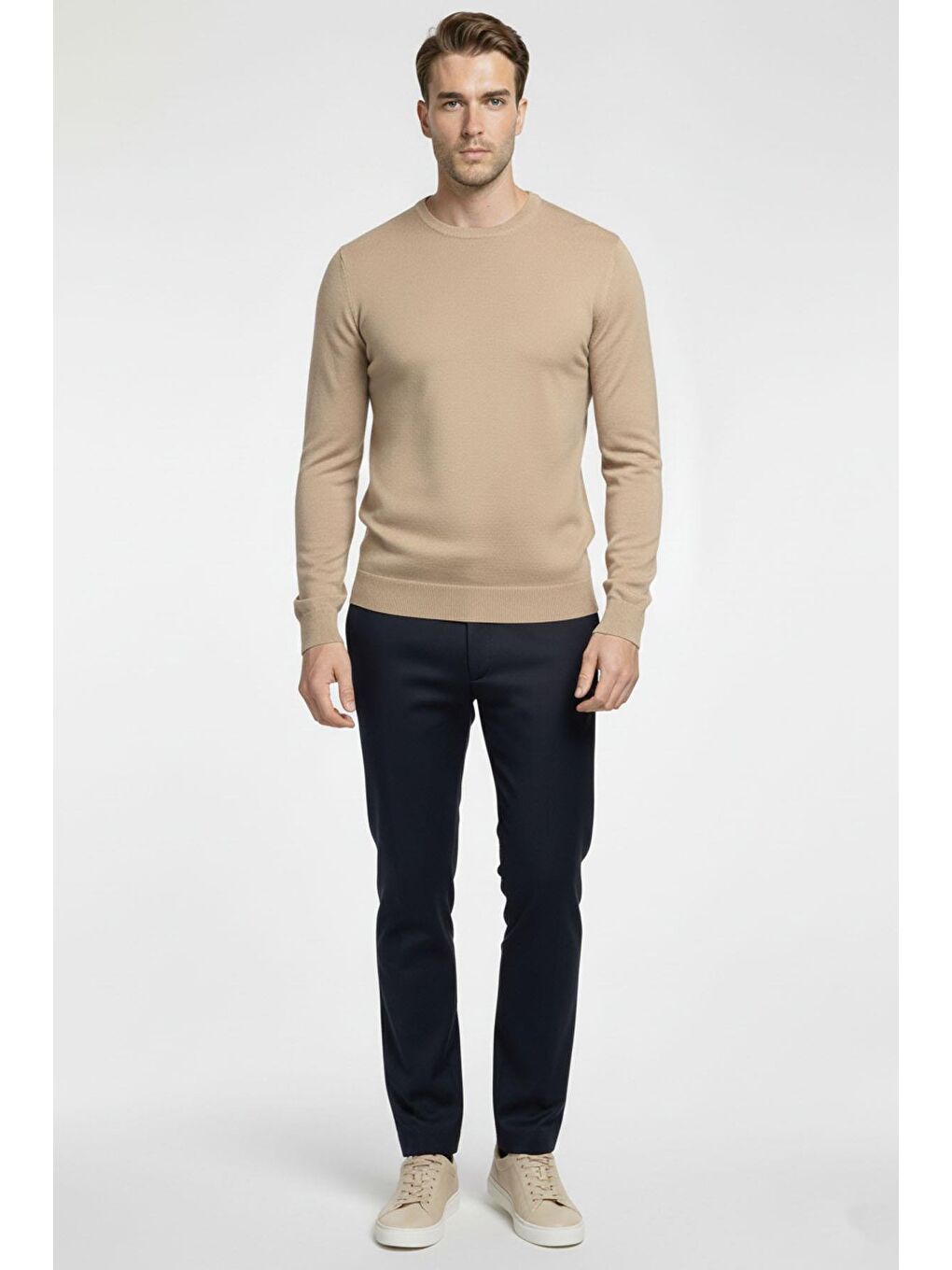 Bej Regular Fit Pamuklu Bisiklet Yaka Erkek Triko Kazak-1