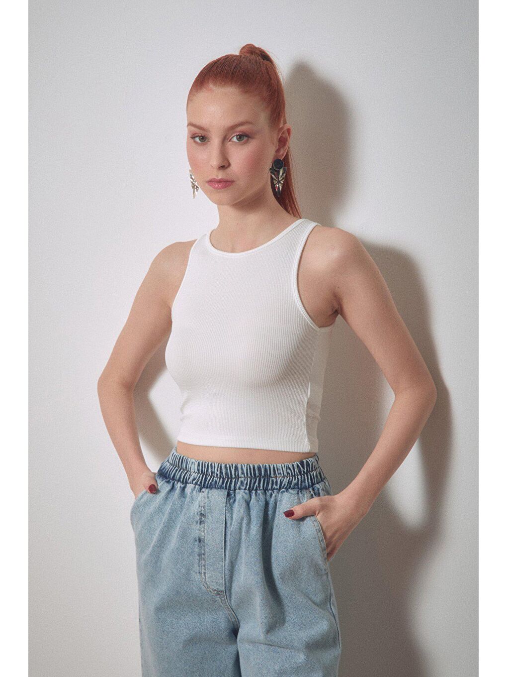 Ekru Fitilli Bisiklet Yaka Crop Body