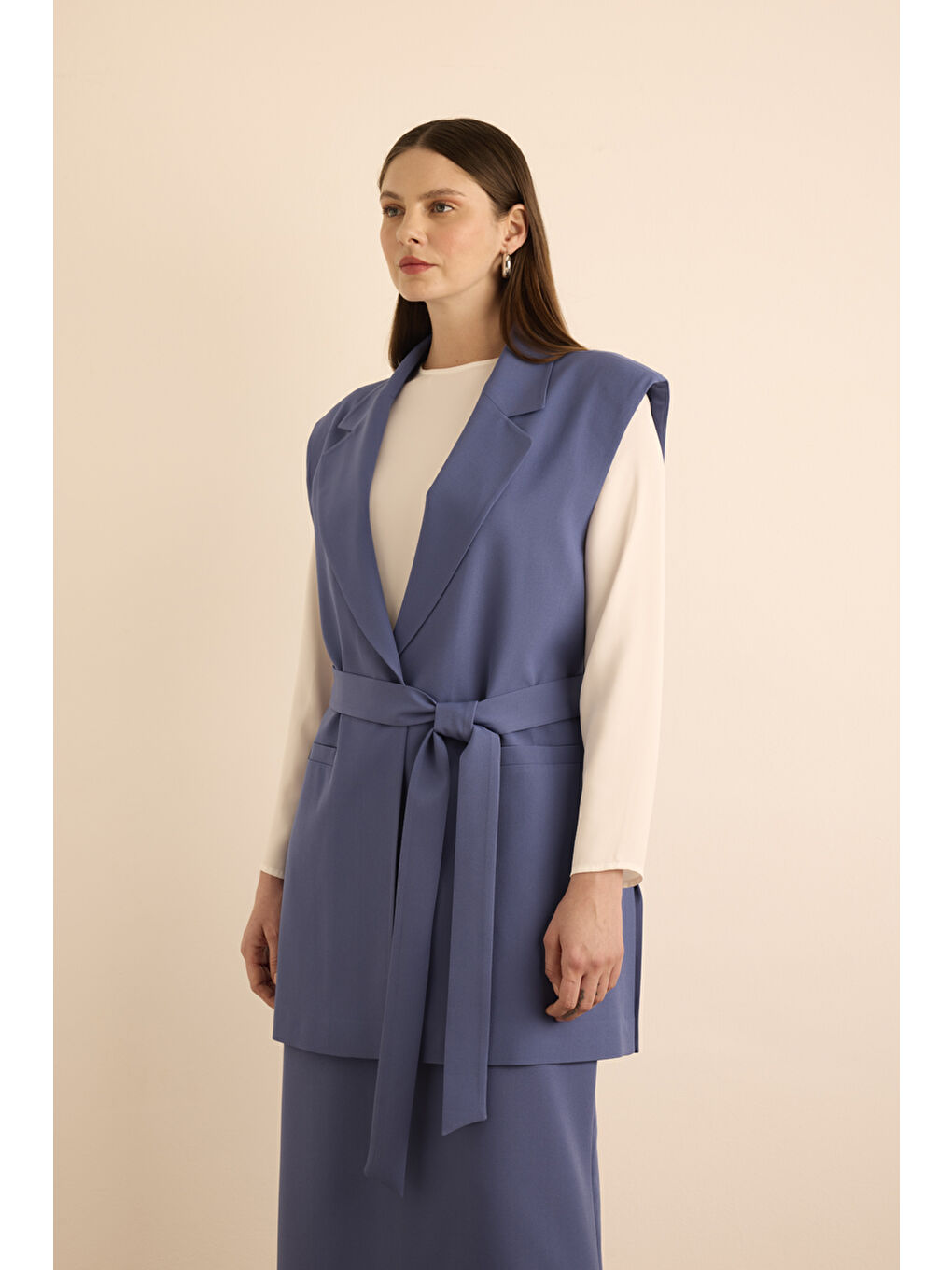 Lacivert Yanları Yırtmaçlı Dokuma Yelek-2