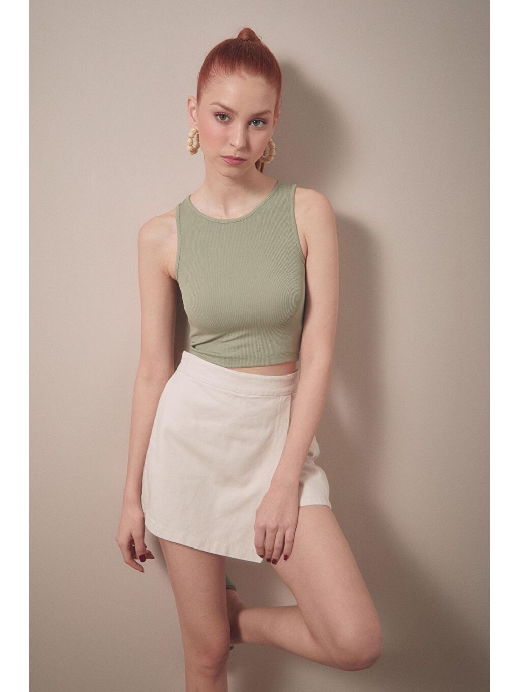 Turkuaz Fitilli Bisiklet Yaka Crop Body