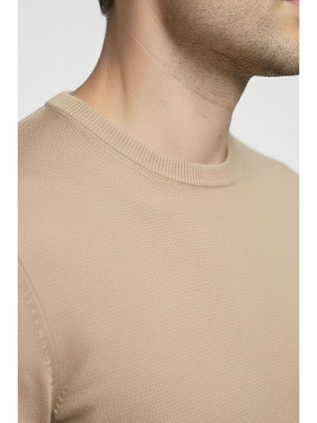 Bej Regular Fit Pamuklu Bisiklet Yaka Erkek Triko Kazak-2