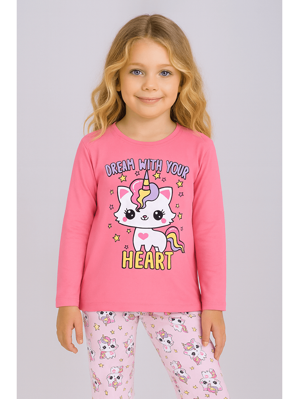 Pembe Kız Çocuk Uzun Kollu %100 Pamuklu Pijama Takımı Unicat-1