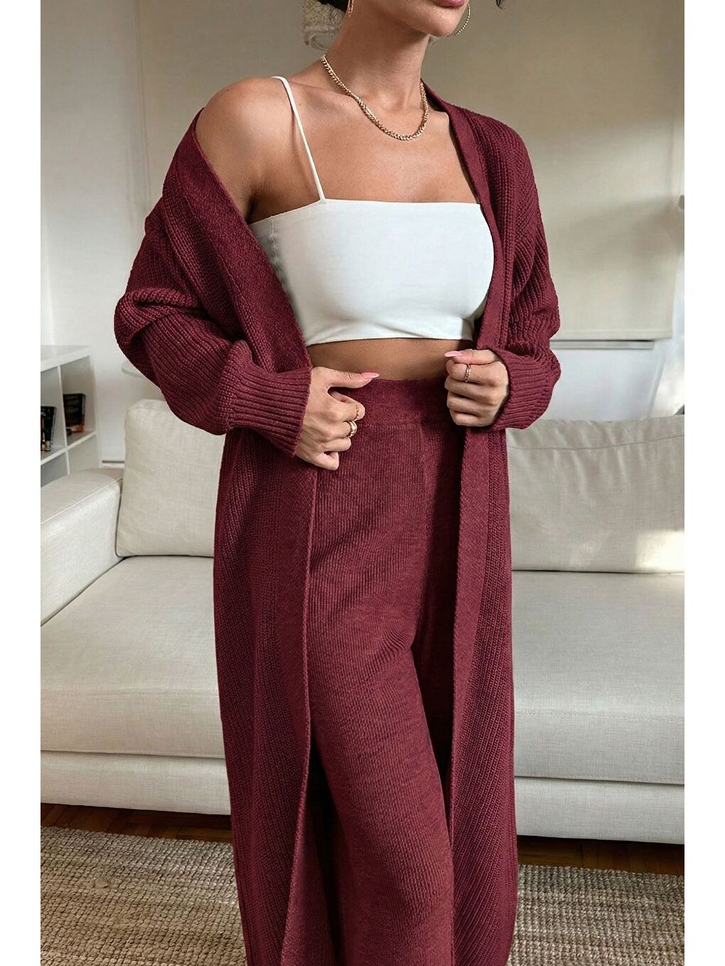 Bordo Kadın Bel Lastikli Triko Pantolon Uzun Hırka İkili Takım