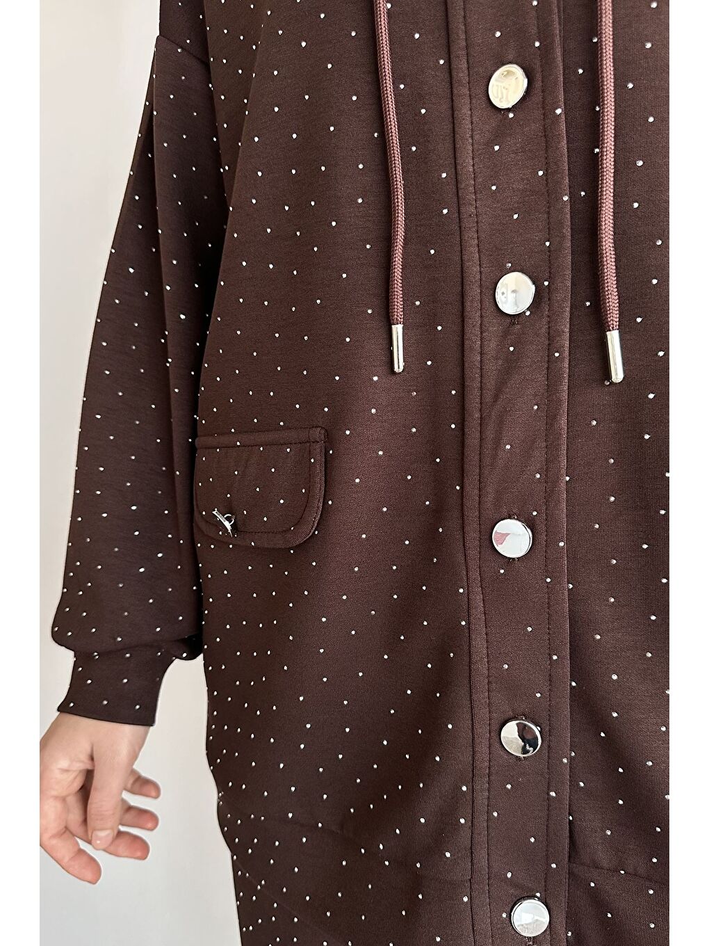 Kahverengi Kapüşonlu Taşlı Hırka Pantolon Tesettür İkili Takım-7