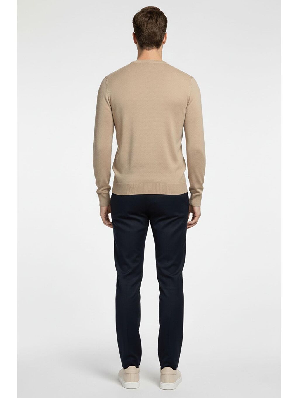 Bej Regular Fit Pamuklu Bisiklet Yaka Erkek Triko Kazak-3