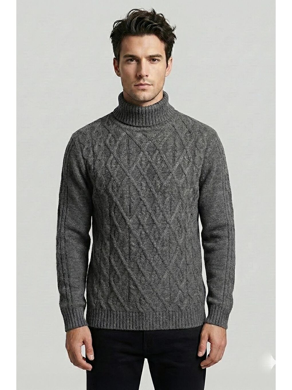 Antrasit Regular Fit Yünlü Desenli Tam Balıkçı Yaka Triko Kazak