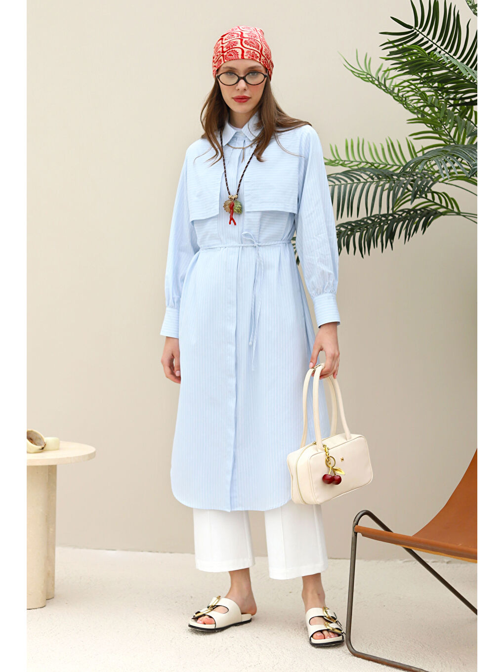 Rüzgarlıklı Uzun Gömlek Buz Mavi