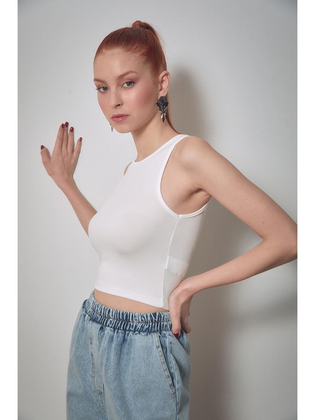 Ekru Fitilli Bisiklet Yaka Crop Body-1