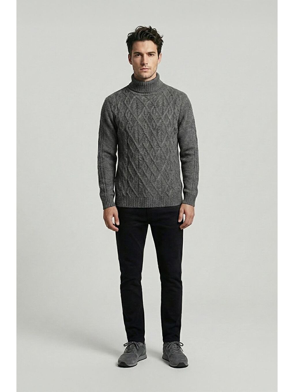 Antrasit Regular Fit Yünlü Desenli Tam Balıkçı Yaka Triko Kazak-1