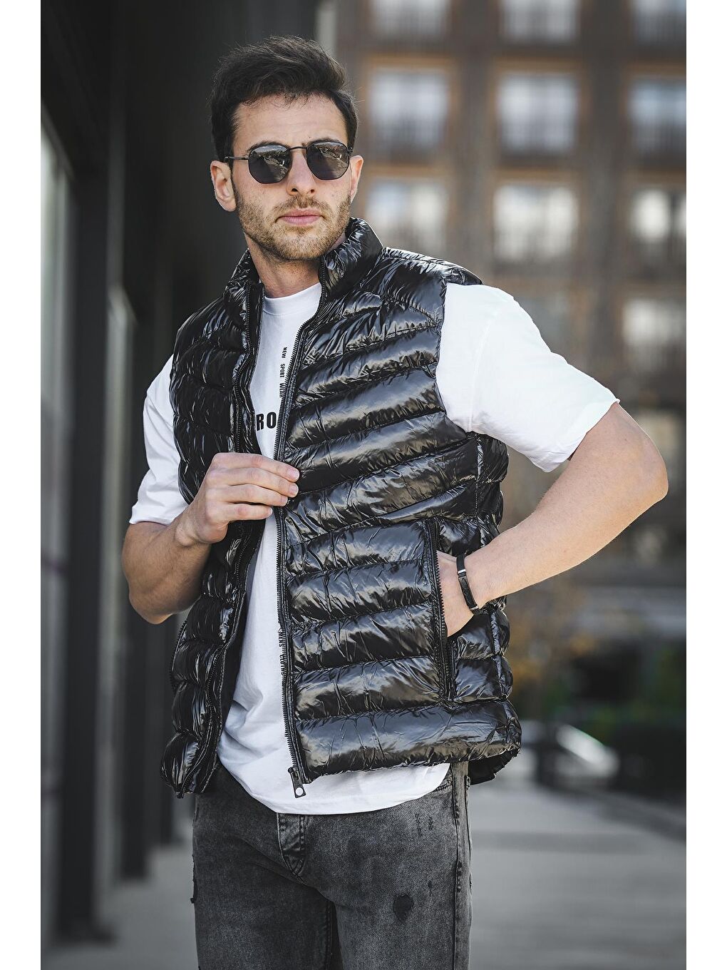 Siyah Bl 1696 Slim Fit Extra Parlak Dik Yaka Erkek Şişme Yelek