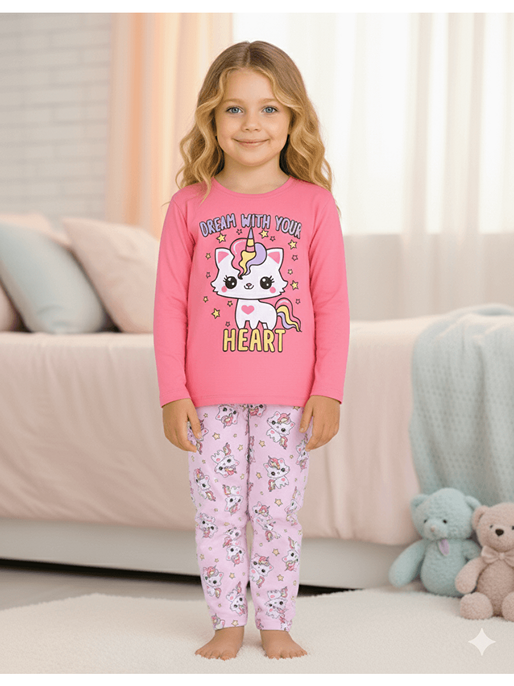 Pembe Kız Çocuk Uzun Kollu %100 Pamuklu Pijama Takımı Unicat-2