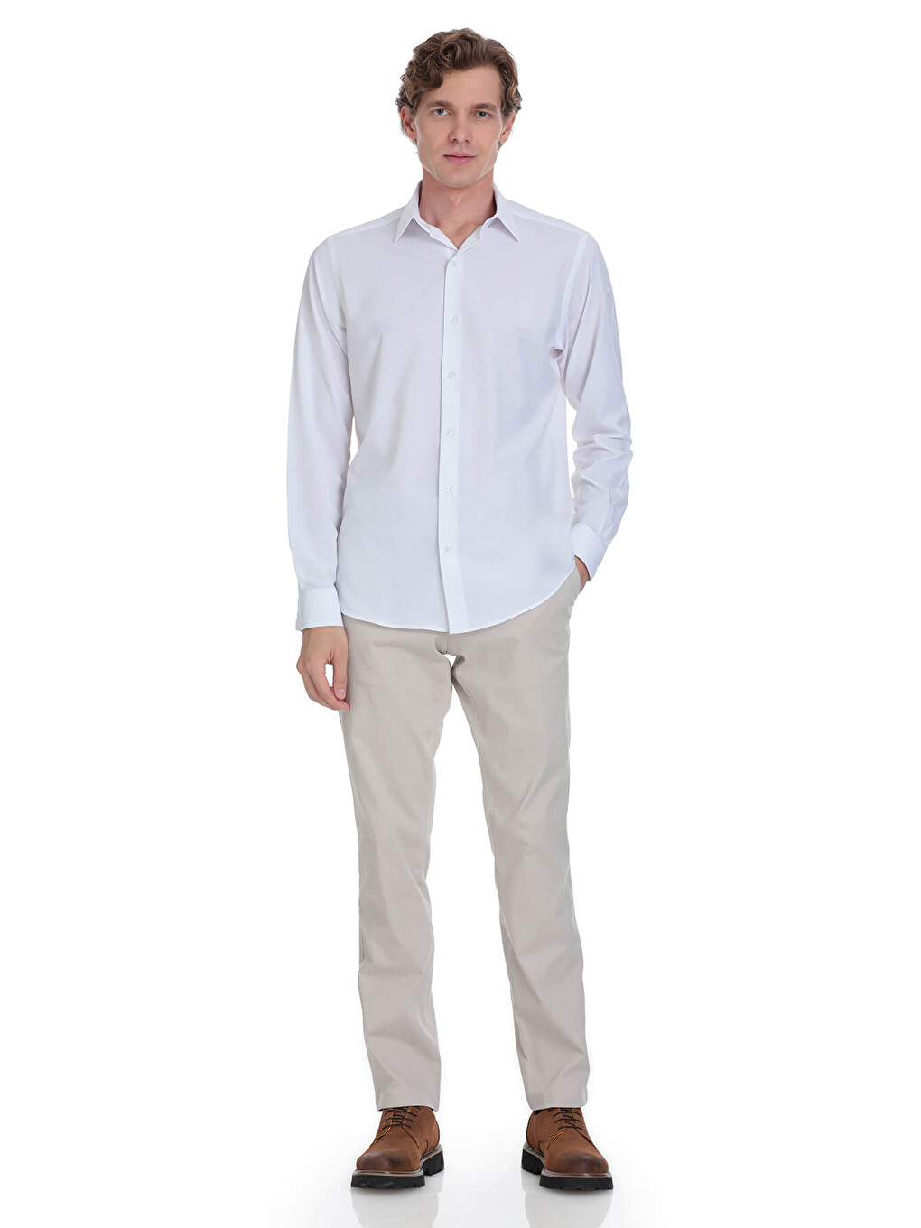 Beyaz Comfort Fit Slim Yaka Uzun Kollu Casual Gömlek-1