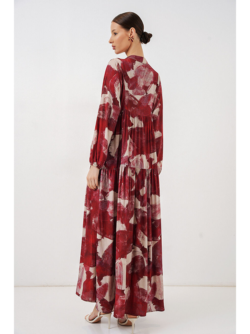 Kadın Desenli Uzun Tesettür Elbise 2585 - D. Bordo-6