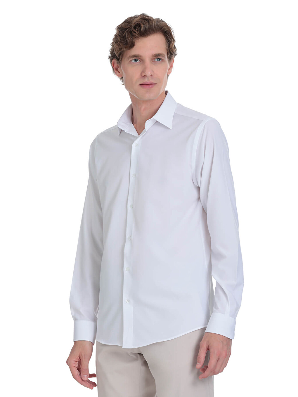 Beyaz Comfort Fit Slim Yaka Uzun Kollu Casual Gömlek-2