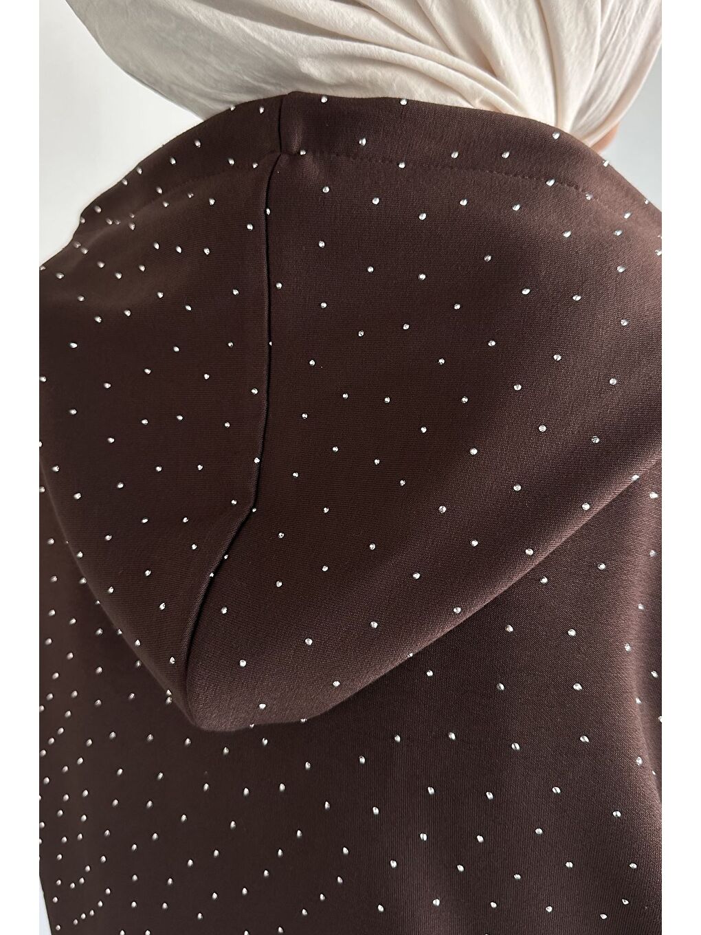 Kahverengi Kapüşonlu Taşlı Hırka Pantolon Tesettür İkili Takım-9