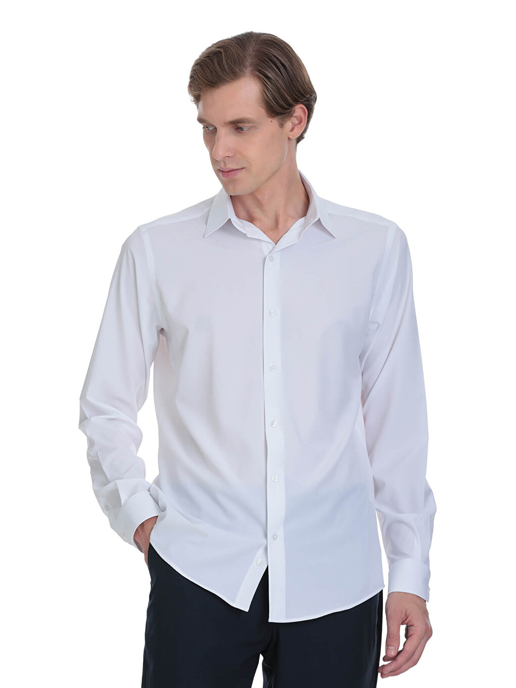 Beyaz Comfort Fit Slim Yaka Uzun Kollu Casual Gömlek-3