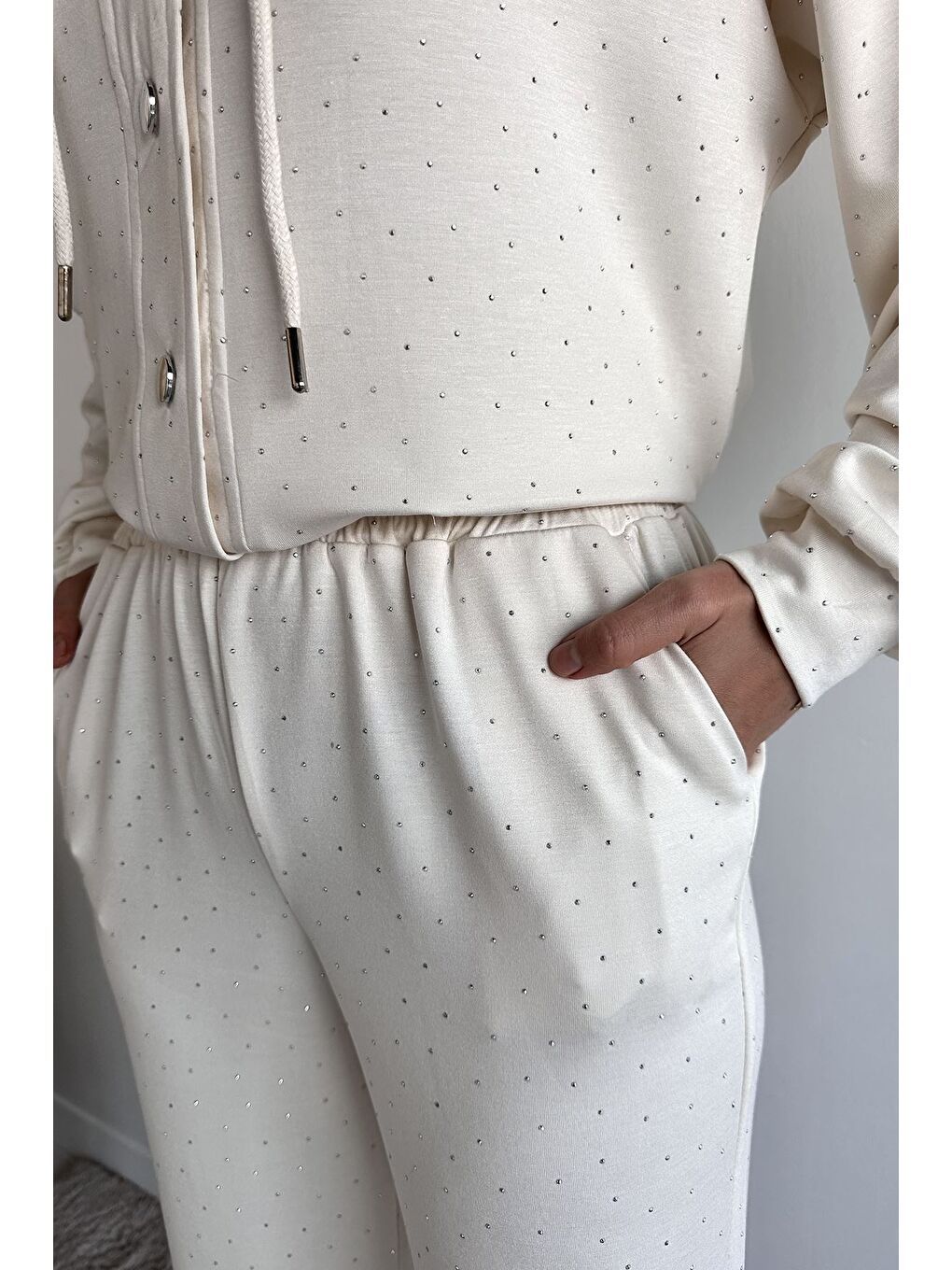 Ekru Kapüşonlu Taşlı Hırka Pantolon Tesettür İkili Takım-8