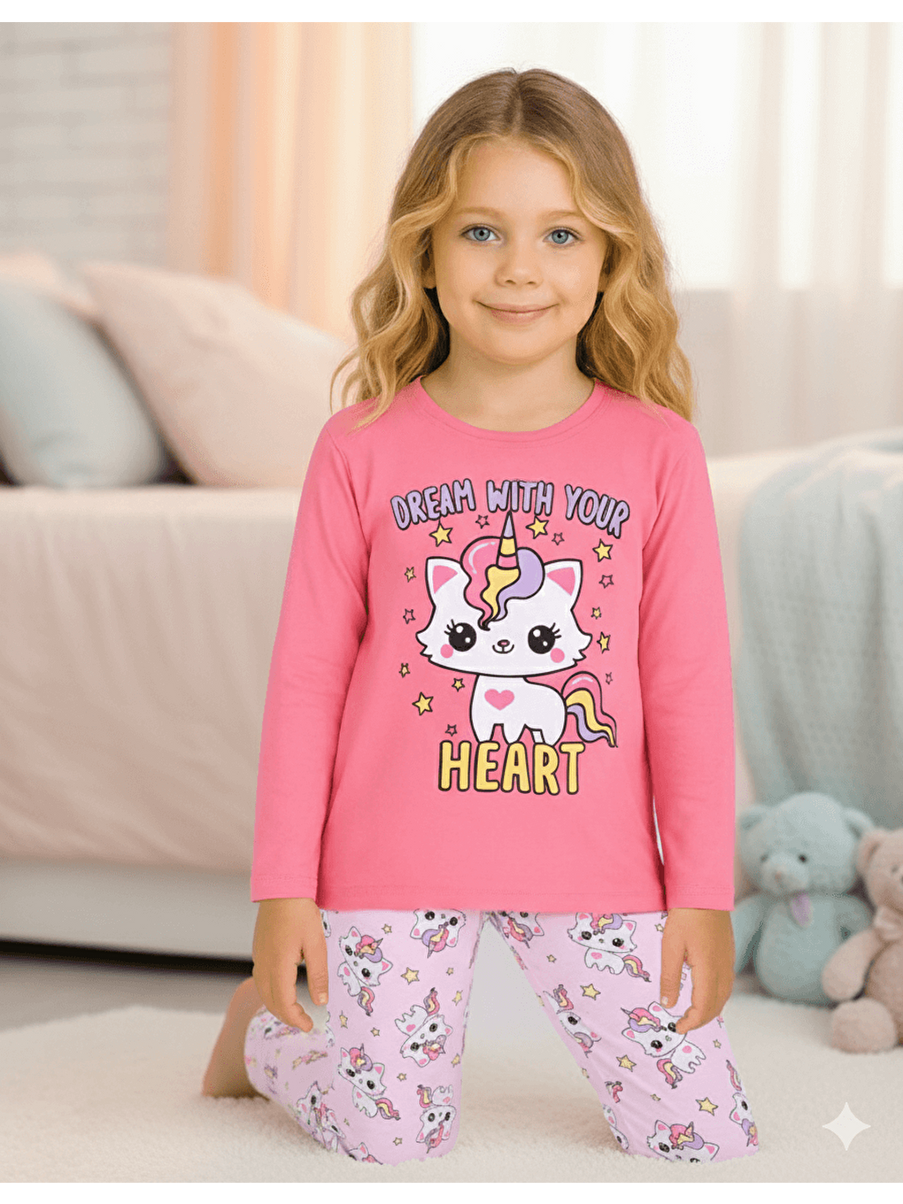 Pembe Kız Çocuk Uzun Kollu %100 Pamuklu Pijama Takımı Unicat-3