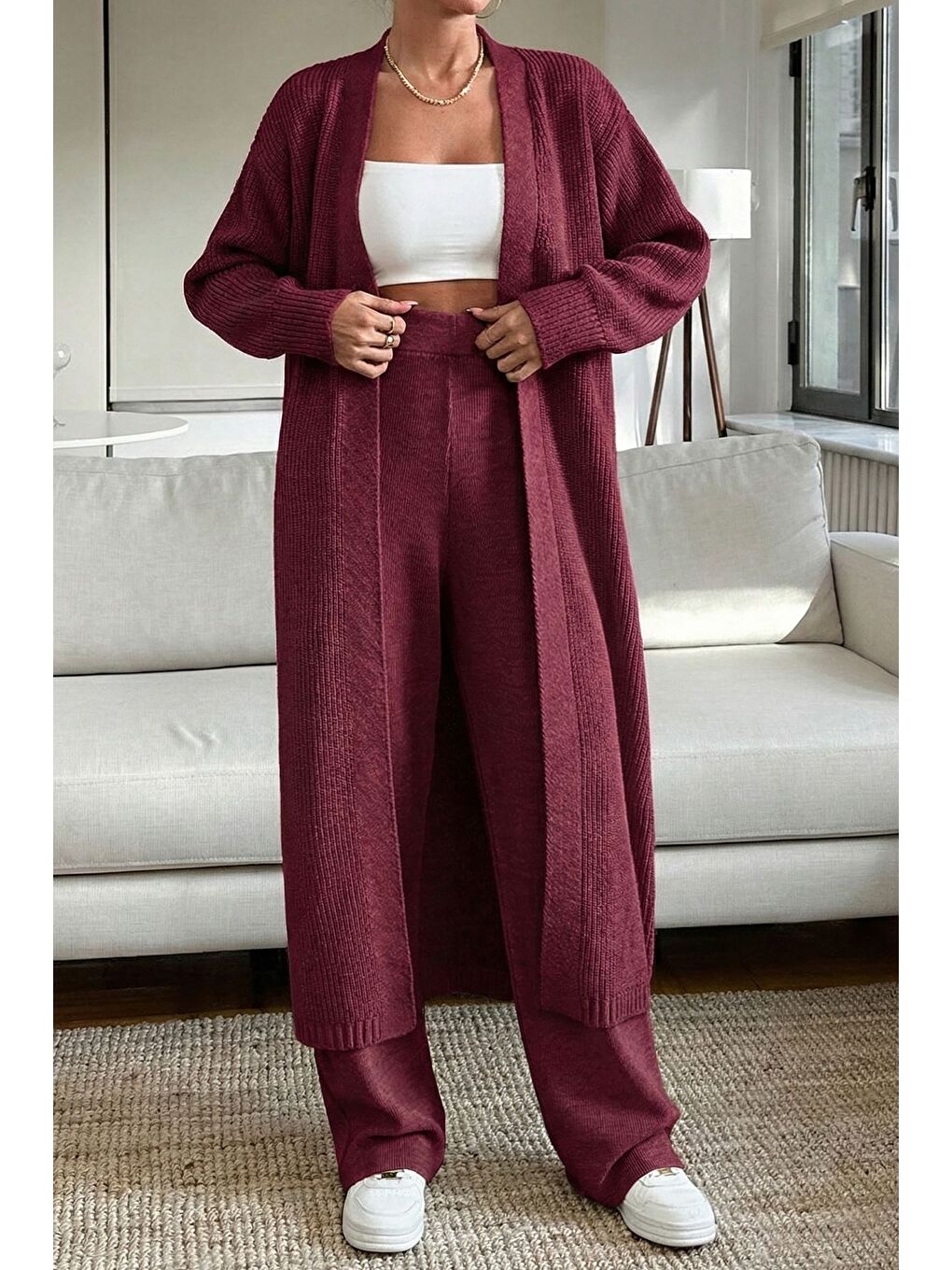 Bordo Kadın Bel Lastikli Triko Pantolon Uzun Hırka İkili Takım-1