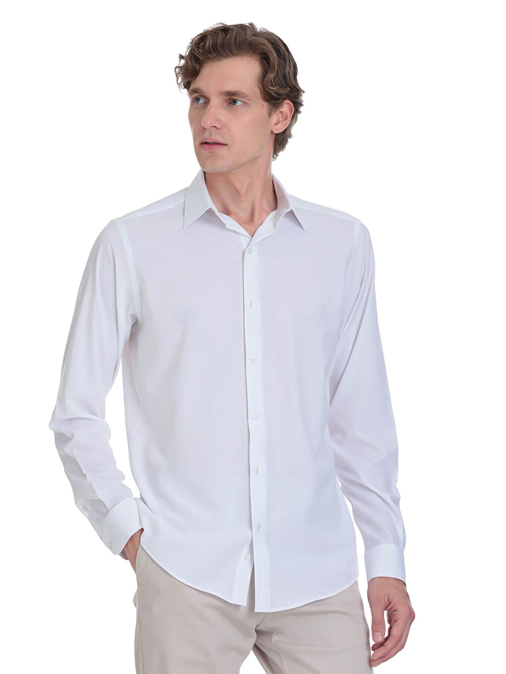 Beyaz Comfort Fit Slim Yaka Uzun Kollu Casual Gömlek-4