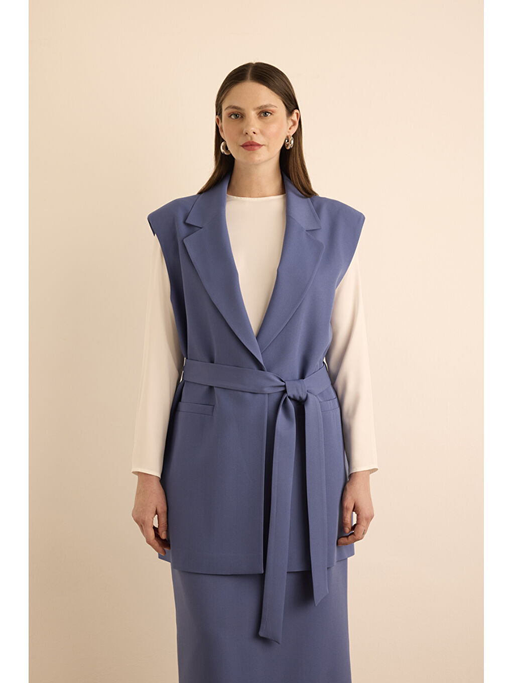 Lacivert Yanları Yırtmaçlı Dokuma Yelek-4