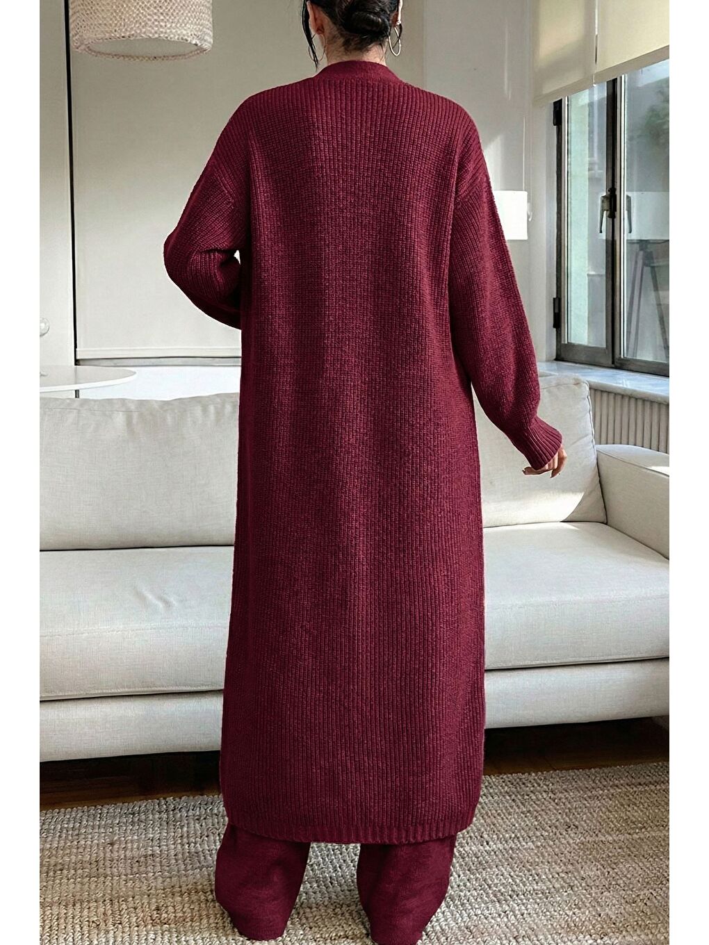 Bordo Kadın Bel Lastikli Triko Pantolon Uzun Hırka İkili Takım-2