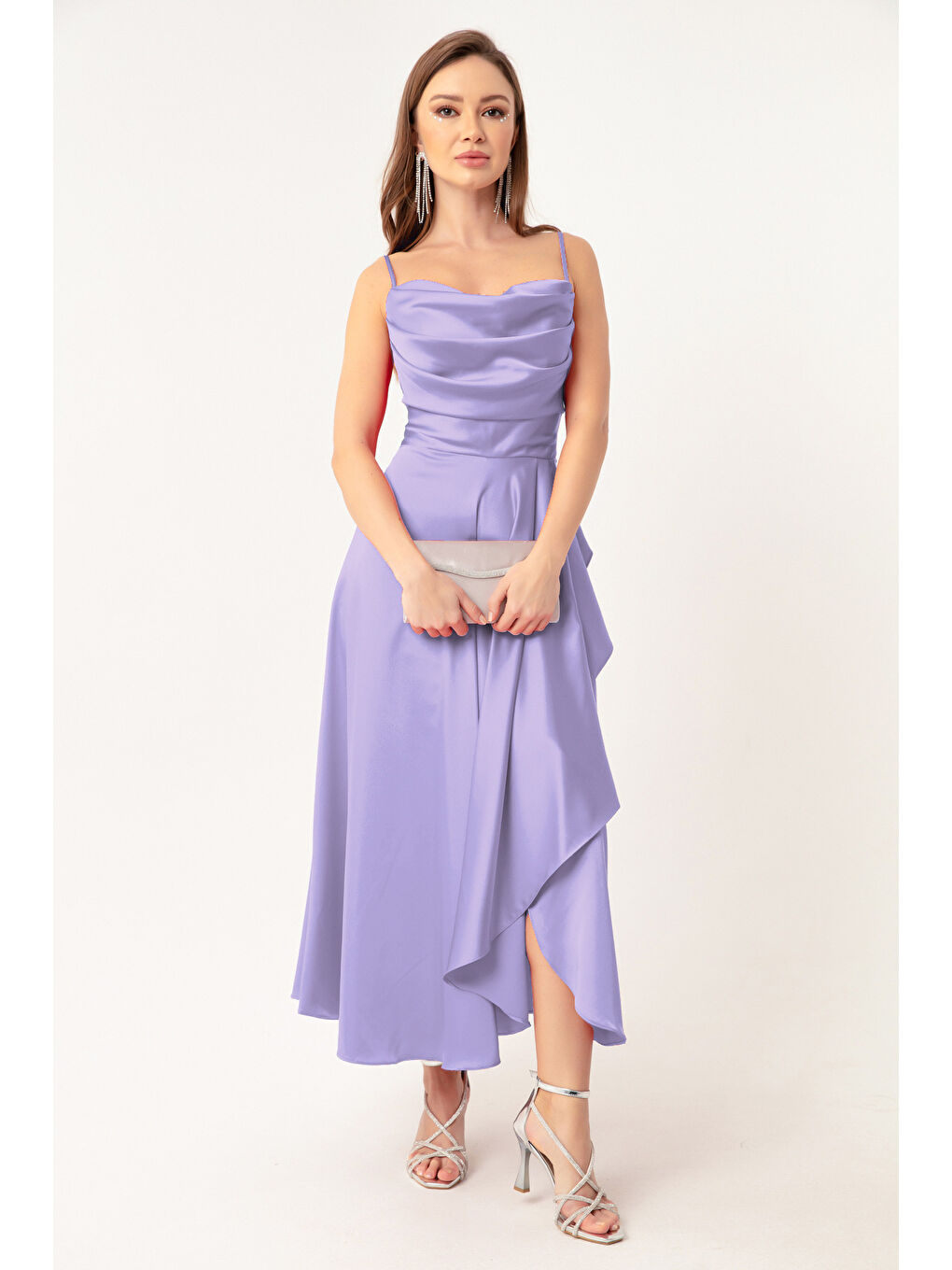 Kadın Lila Volanlı Yırtmaçlı Saten Midi Boy Abiye & Mezuniyet Elbisesi-1