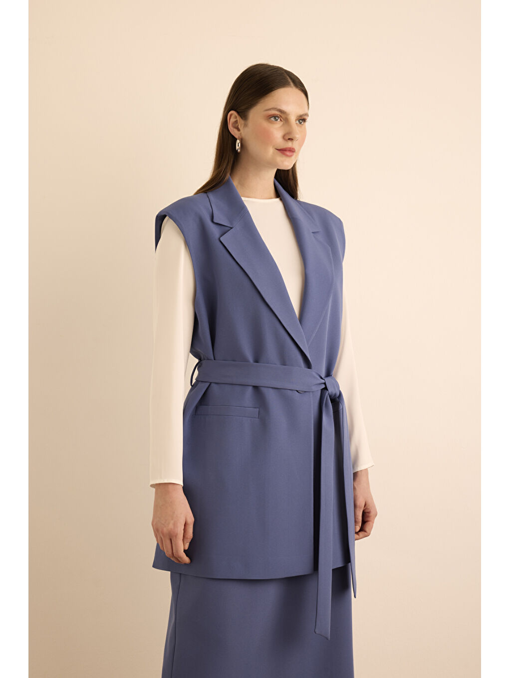 Lacivert Yanları Yırtmaçlı Dokuma Yelek-5