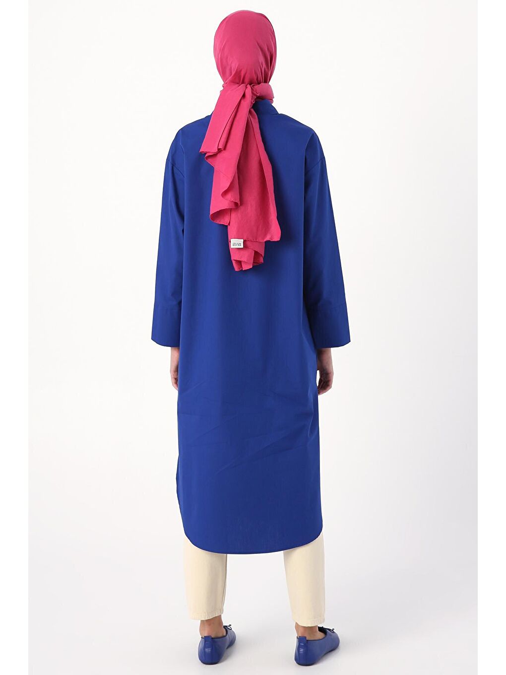 Mavi Saks %100 Pamuk Yırtmaçlı Uzun Gömlek Tunik-3