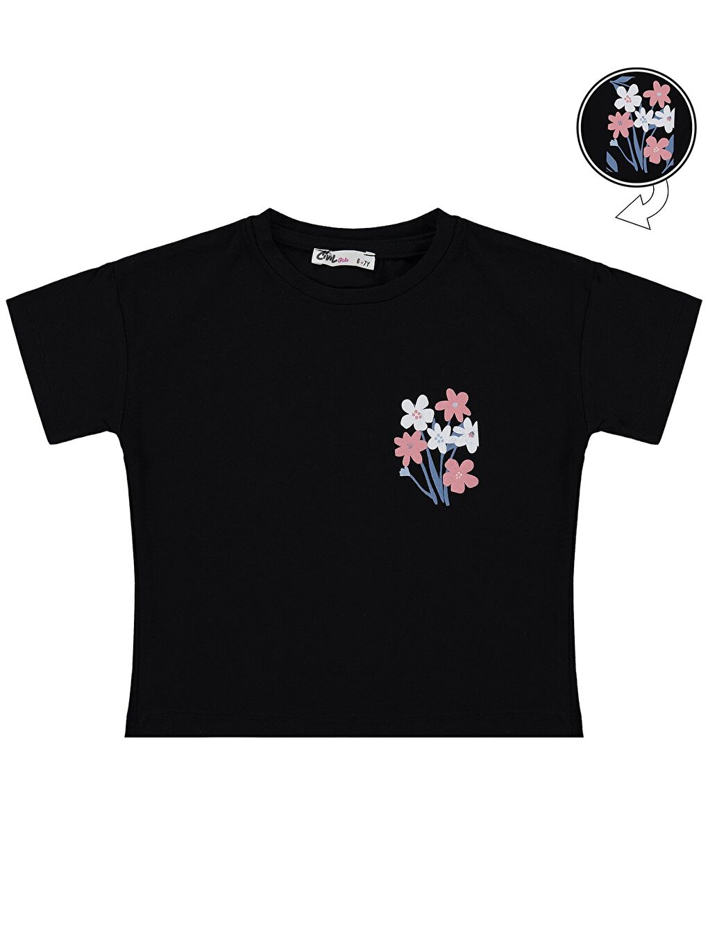 Girls Renkli Çiçek Baskılı 10-13 Yaş Tişört - Siyah