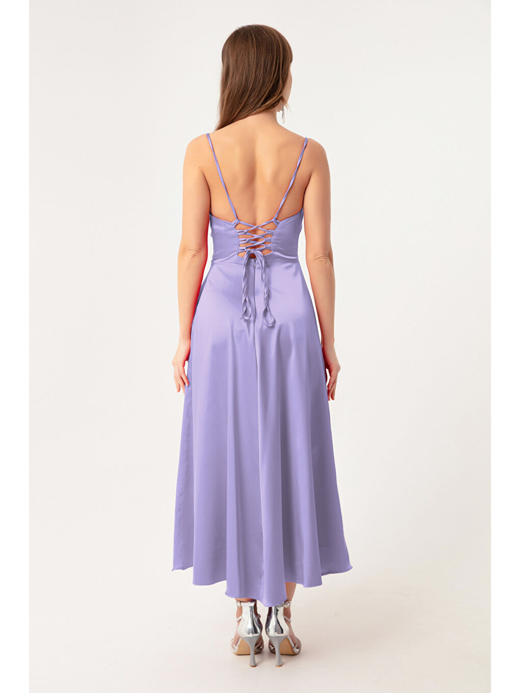 Kadın Lila Volanlı Yırtmaçlı Saten Midi Boy Abiye & Mezuniyet Elbisesi-4