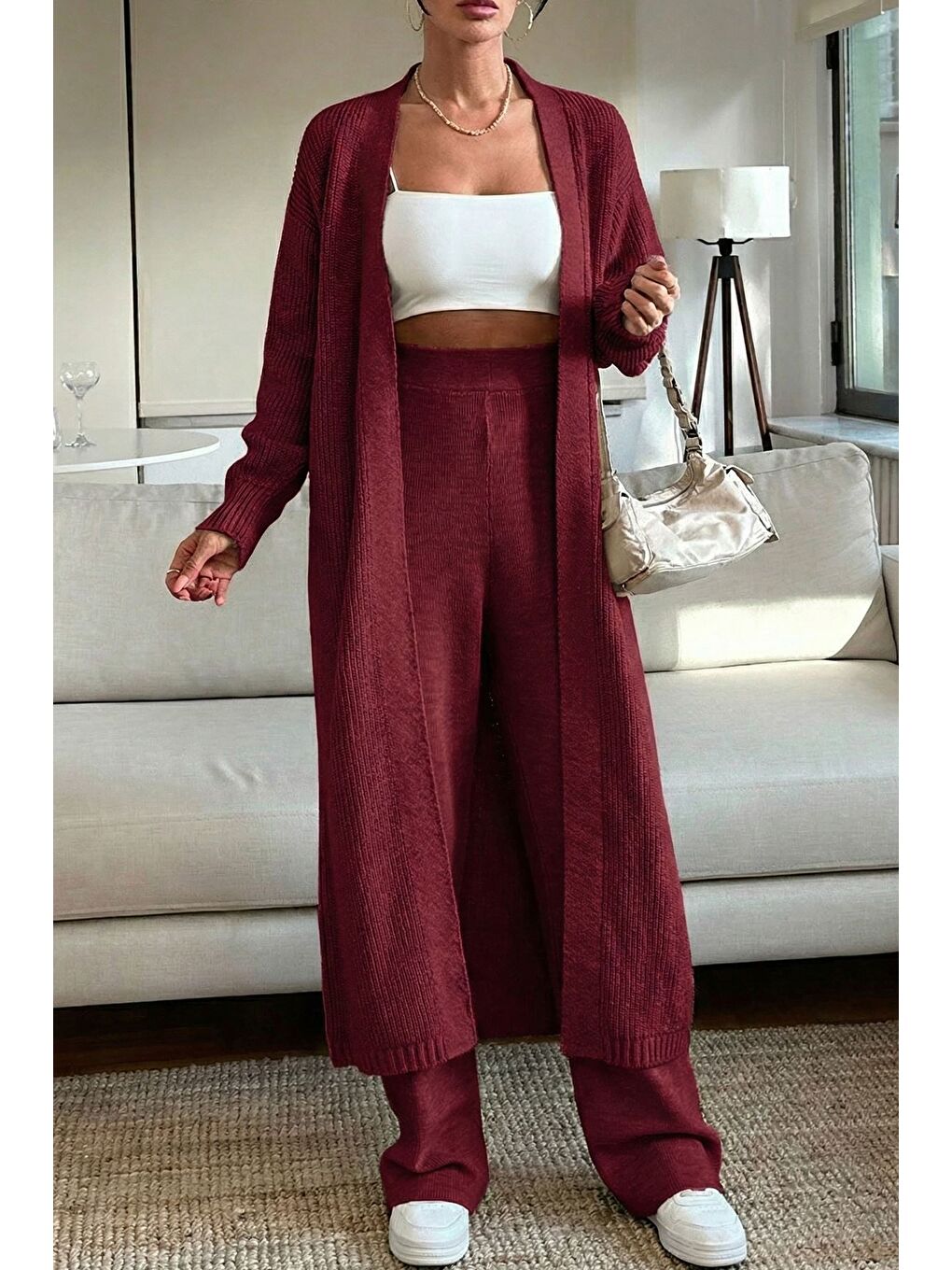 Bordo Kadın Bel Lastikli Triko Pantolon Uzun Hırka İkili Takım-3