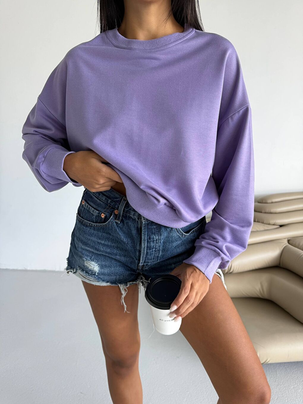 Mor İki İplik Bisiklet Yaka Sweatshirt-2