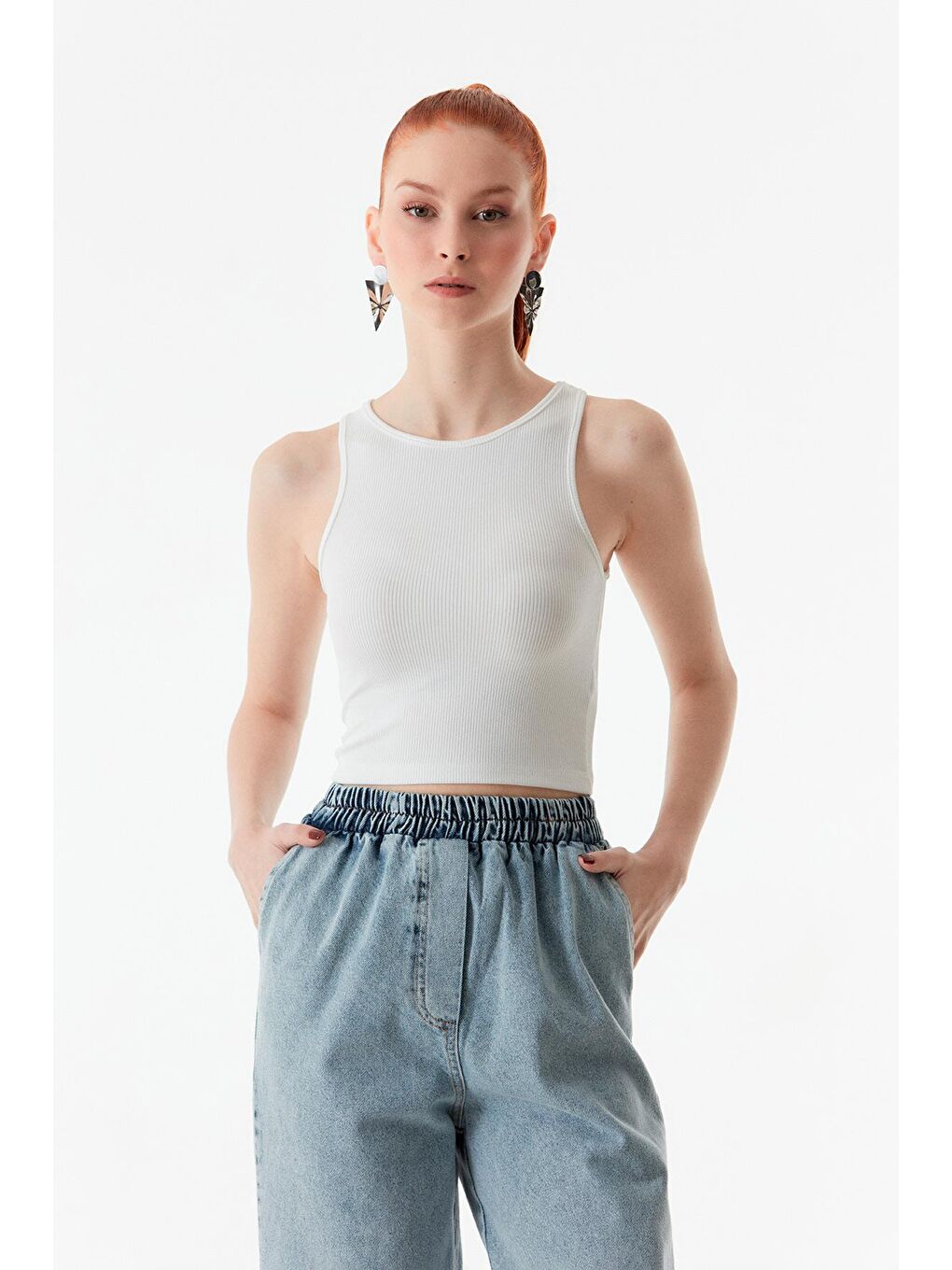 Ekru Fitilli Bisiklet Yaka Crop Body-3