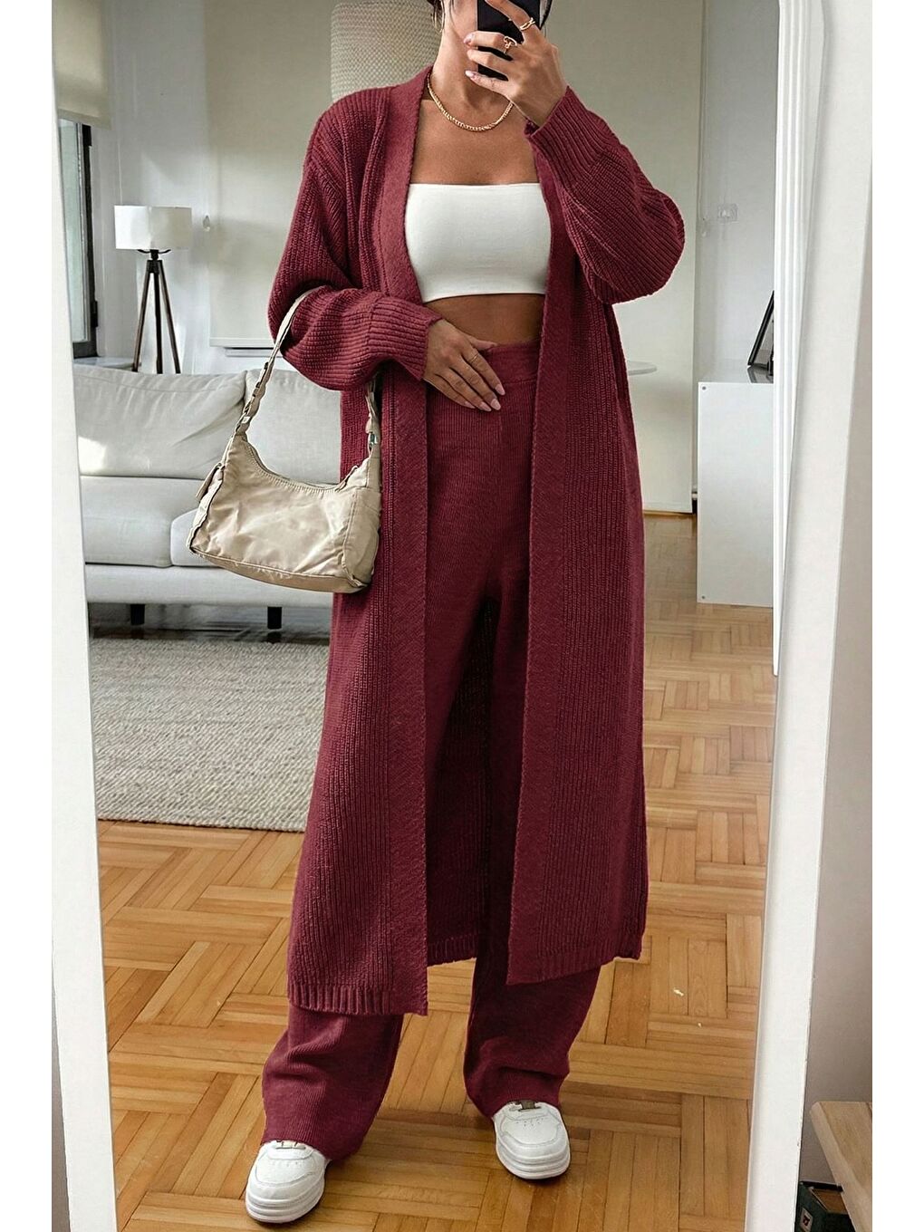 Bordo Kadın Bel Lastikli Triko Pantolon Uzun Hırka İkili Takım-4