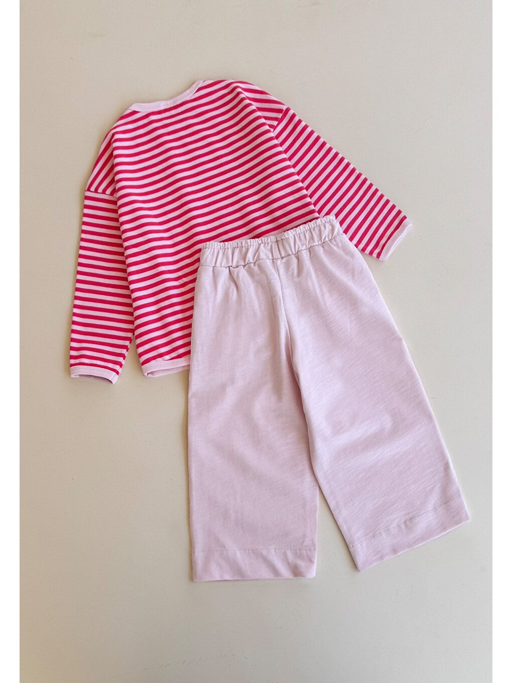 Pembe Oversize Çizgili Mevsimlik Takım 2-7 Yaş Pudra Mercan Çizgili-1