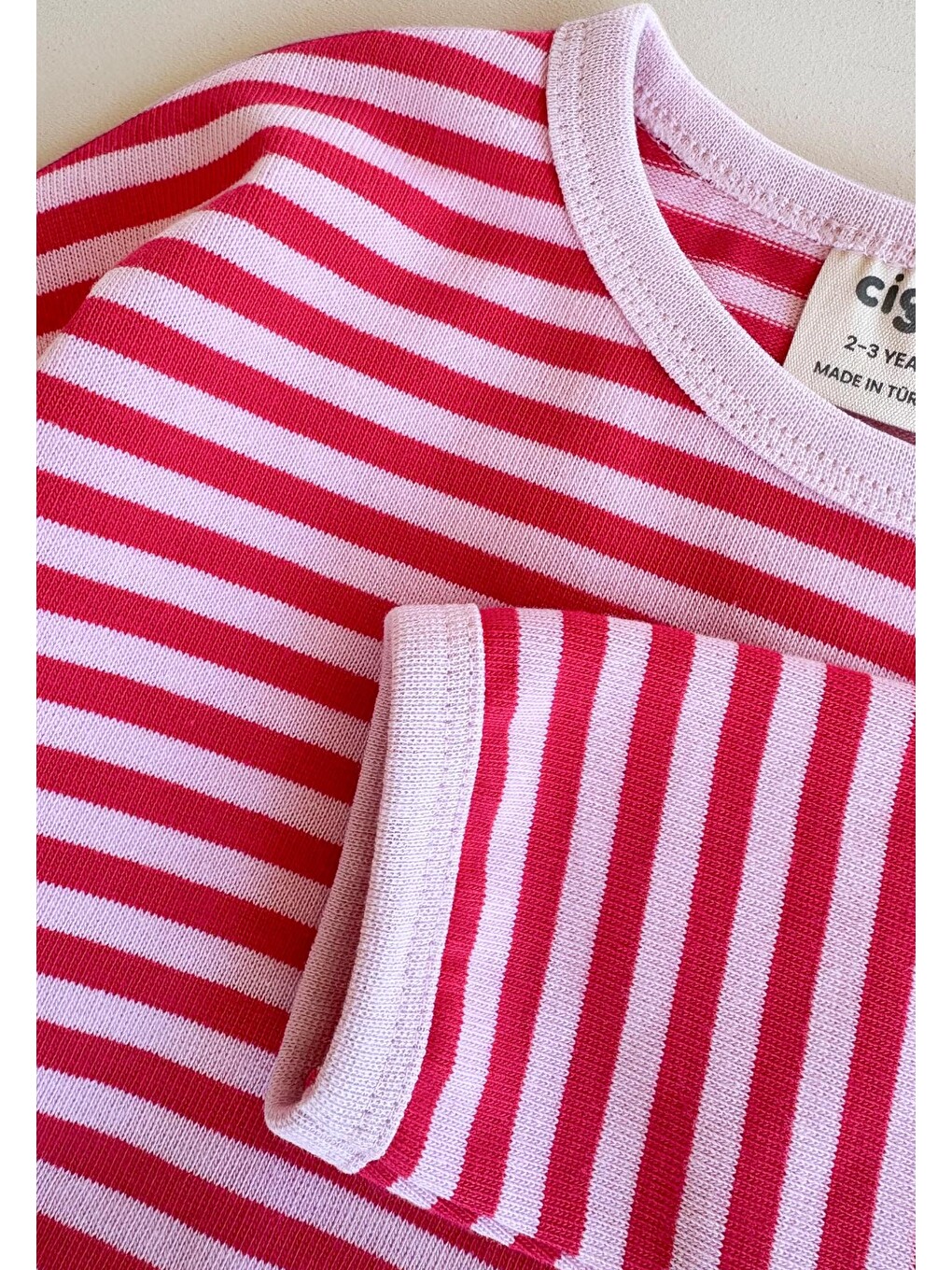 Pembe Oversize Çizgili Mevsimlik Takım 2-7 Yaş Pudra Mercan Çizgili-2