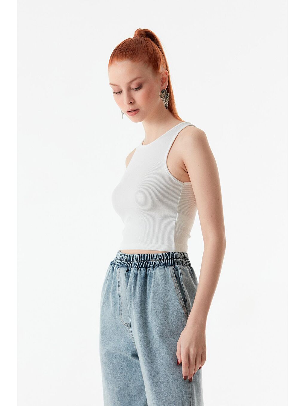 Ekru Fitilli Bisiklet Yaka Crop Body-4