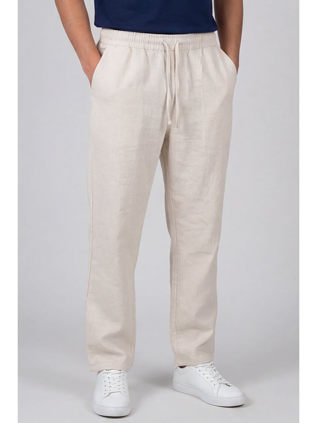 Erkek Ekru Normal Kesim Regular Fit %100 Pamuk Yan Cep Bel Lastikli Pantolon