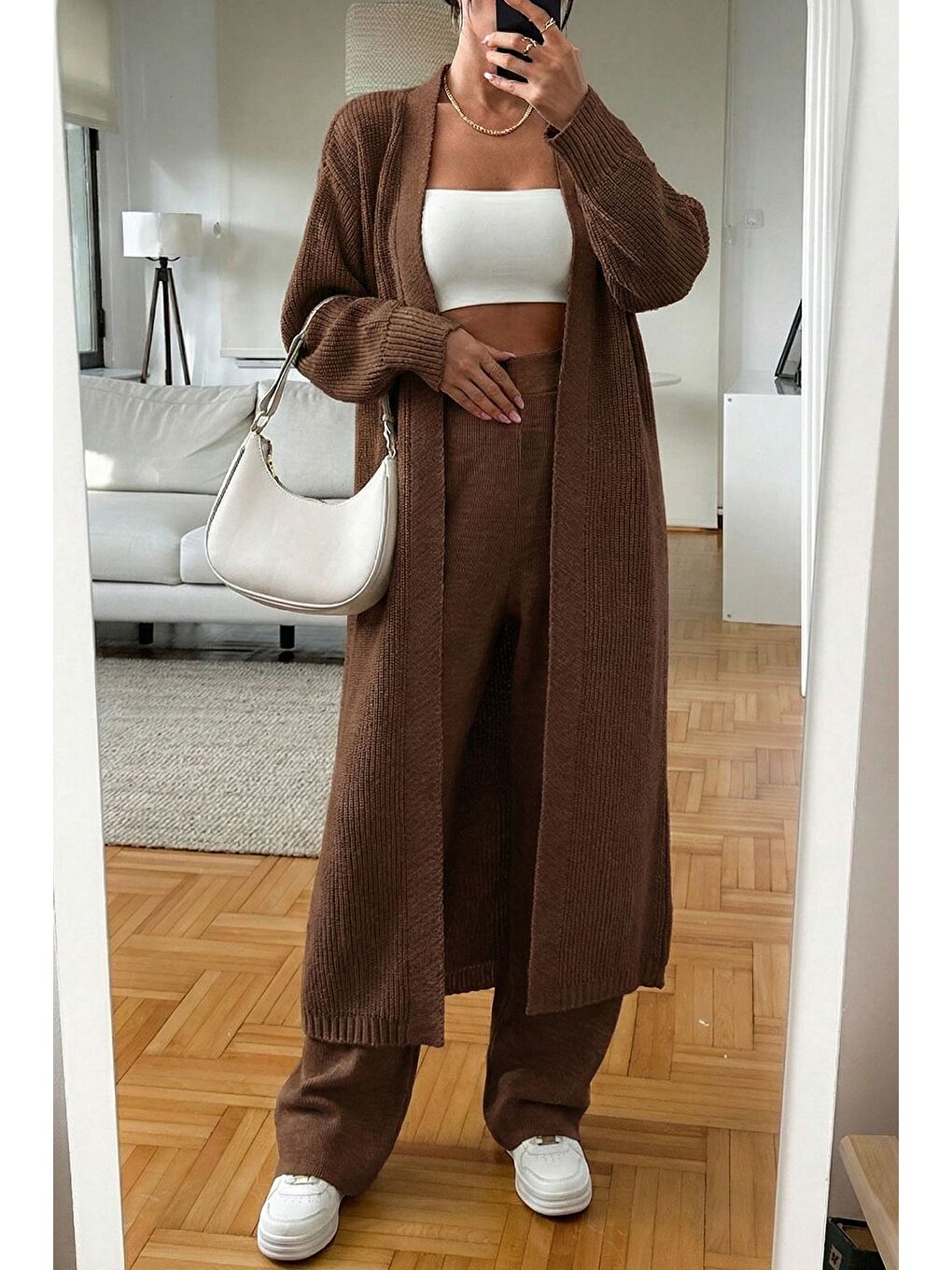 Kahverengi Kadın Bel Lastikli Triko Pantolon Uzun Hırka İkili Takım-1