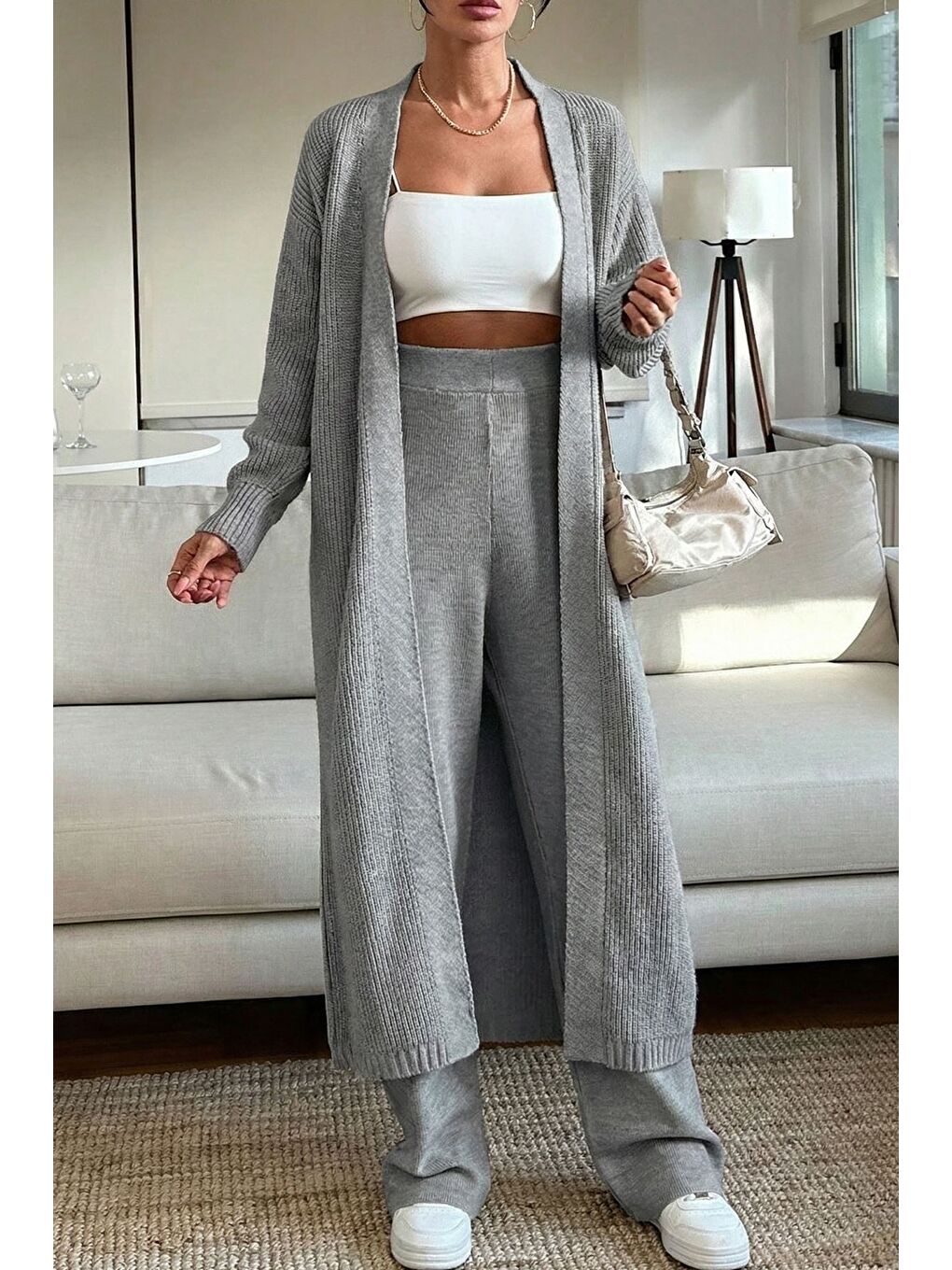 Gri Kadın Bel Lastikli Triko Pantolon Uzun Hırka İkili Takım-1
