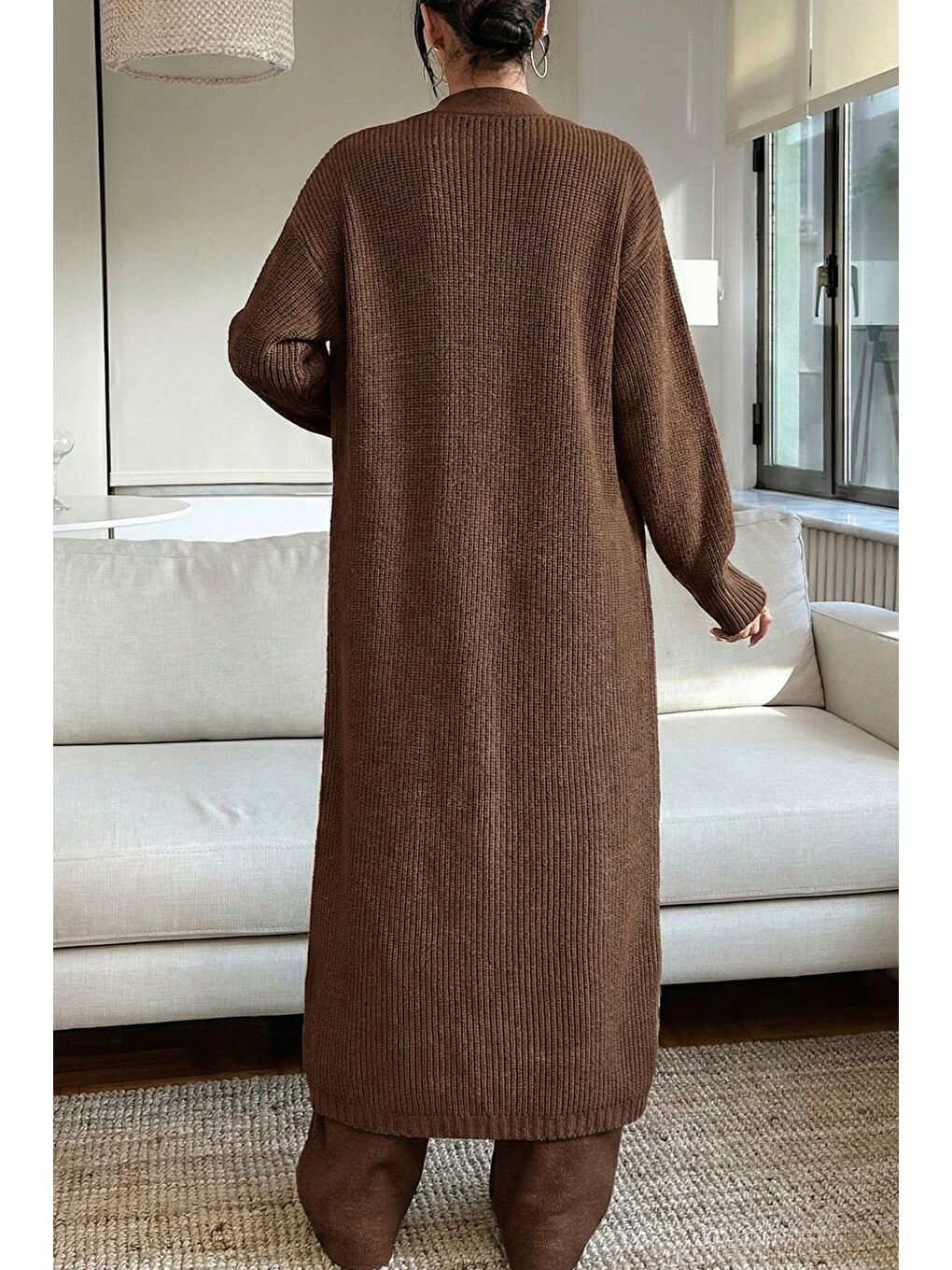 Kahverengi Kadın Bel Lastikli Triko Pantolon Uzun Hırka İkili Takım-2