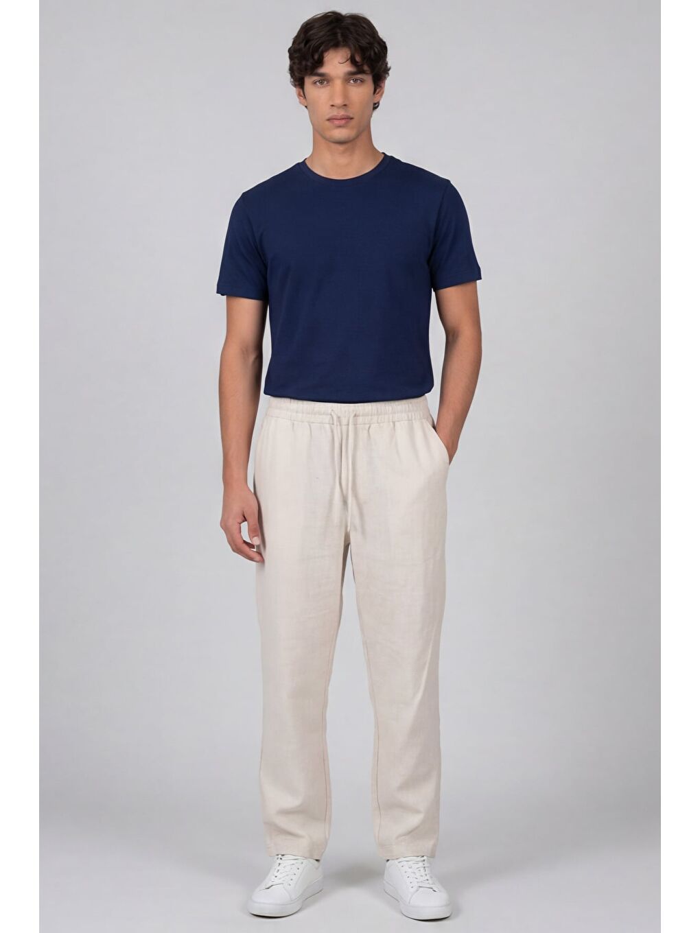 Erkek Ekru Normal Kesim Regular Fit %100 Pamuk Yan Cep Bel Lastikli Pantolon-1