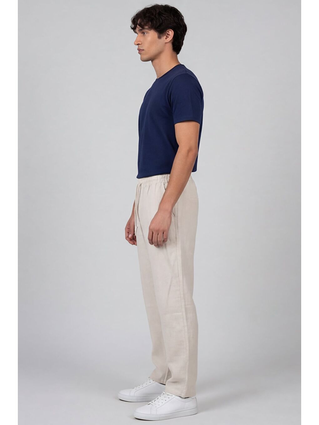 Erkek Ekru Normal Kesim Regular Fit %100 Pamuk Yan Cep Bel Lastikli Pantolon-2