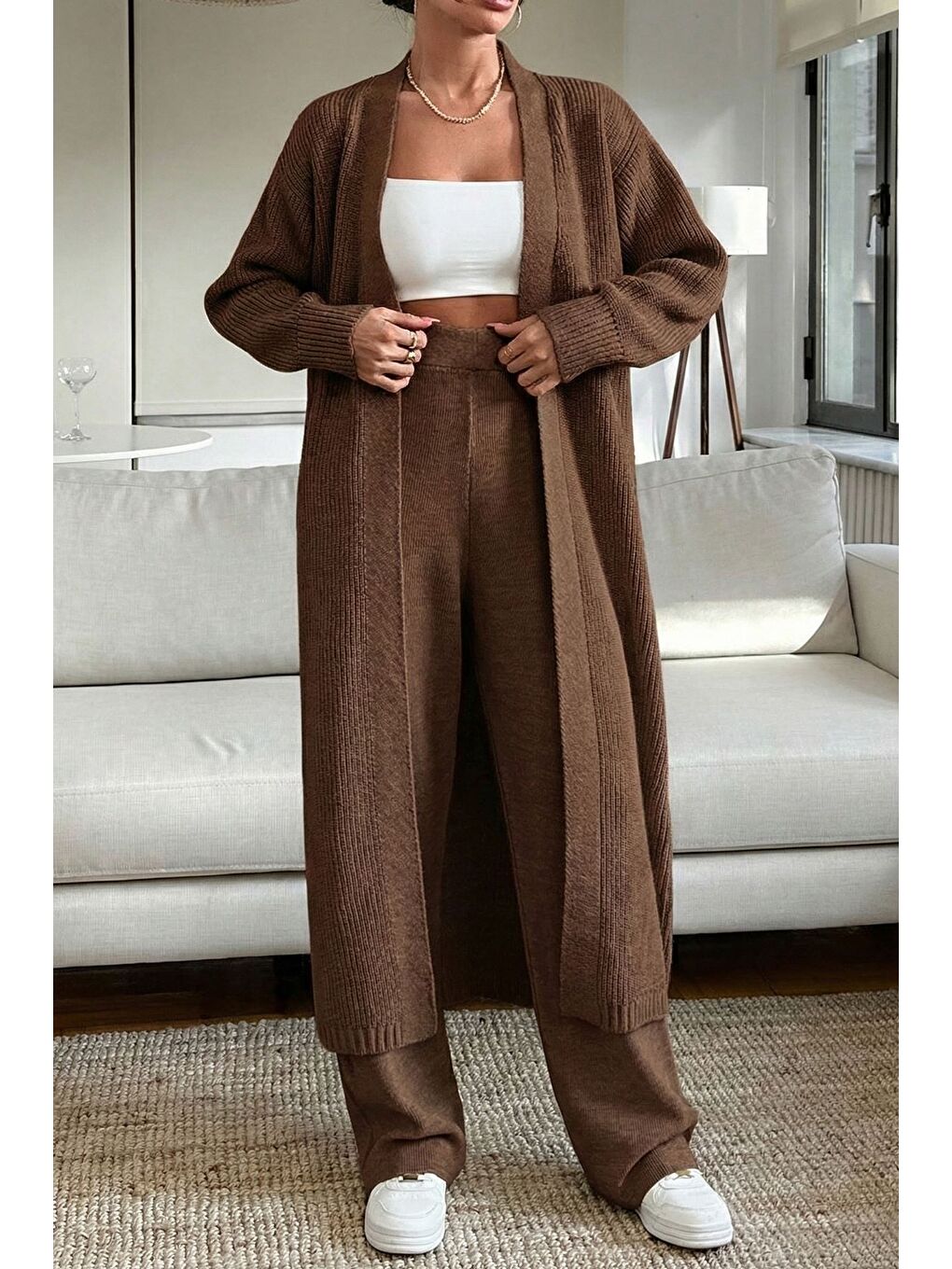 Kahverengi Kadın Bel Lastikli Triko Pantolon Uzun Hırka İkili Takım-3