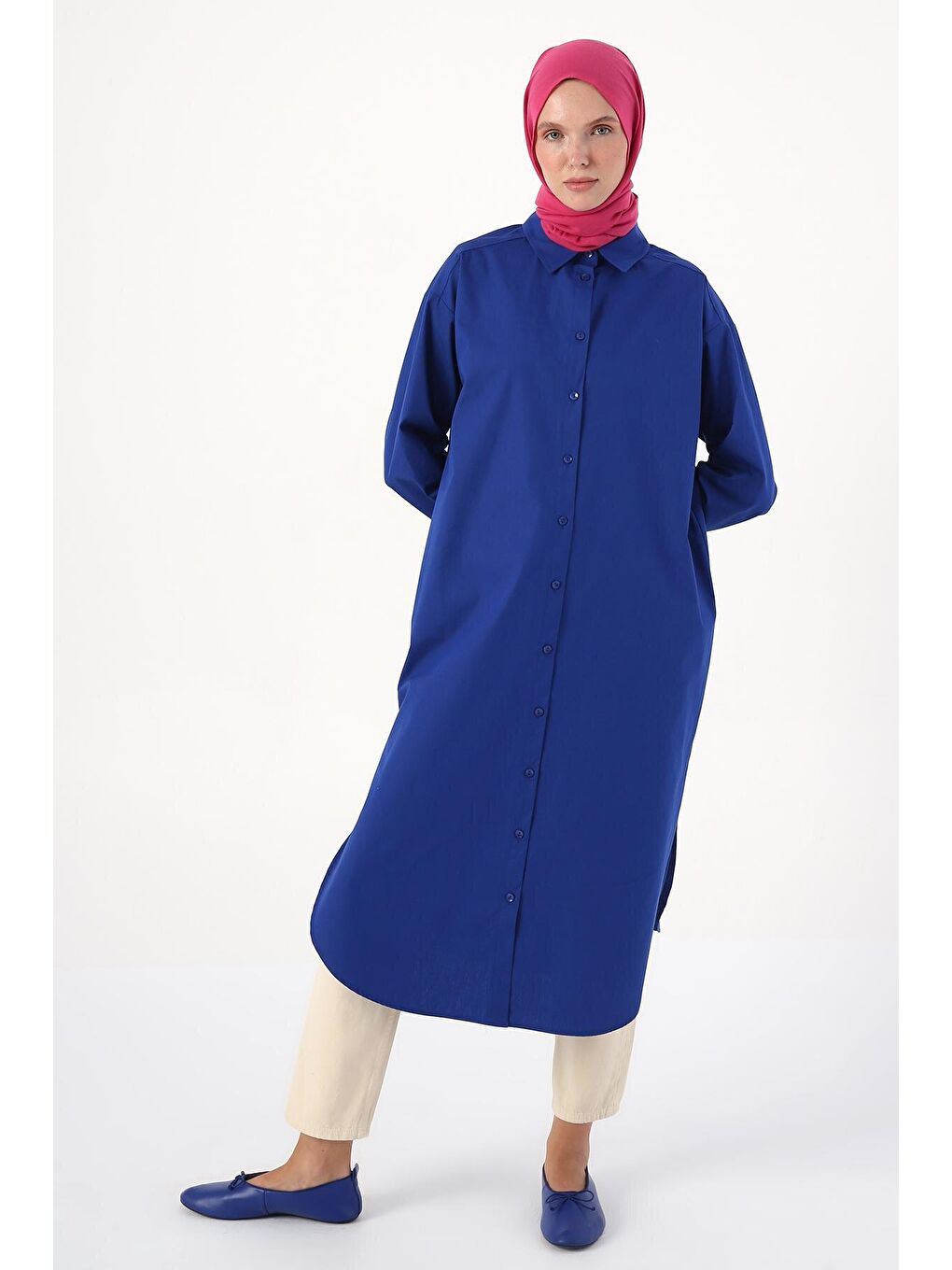 Mavi Saks %100 Pamuk Yırtmaçlı Uzun Gömlek Tunik-4