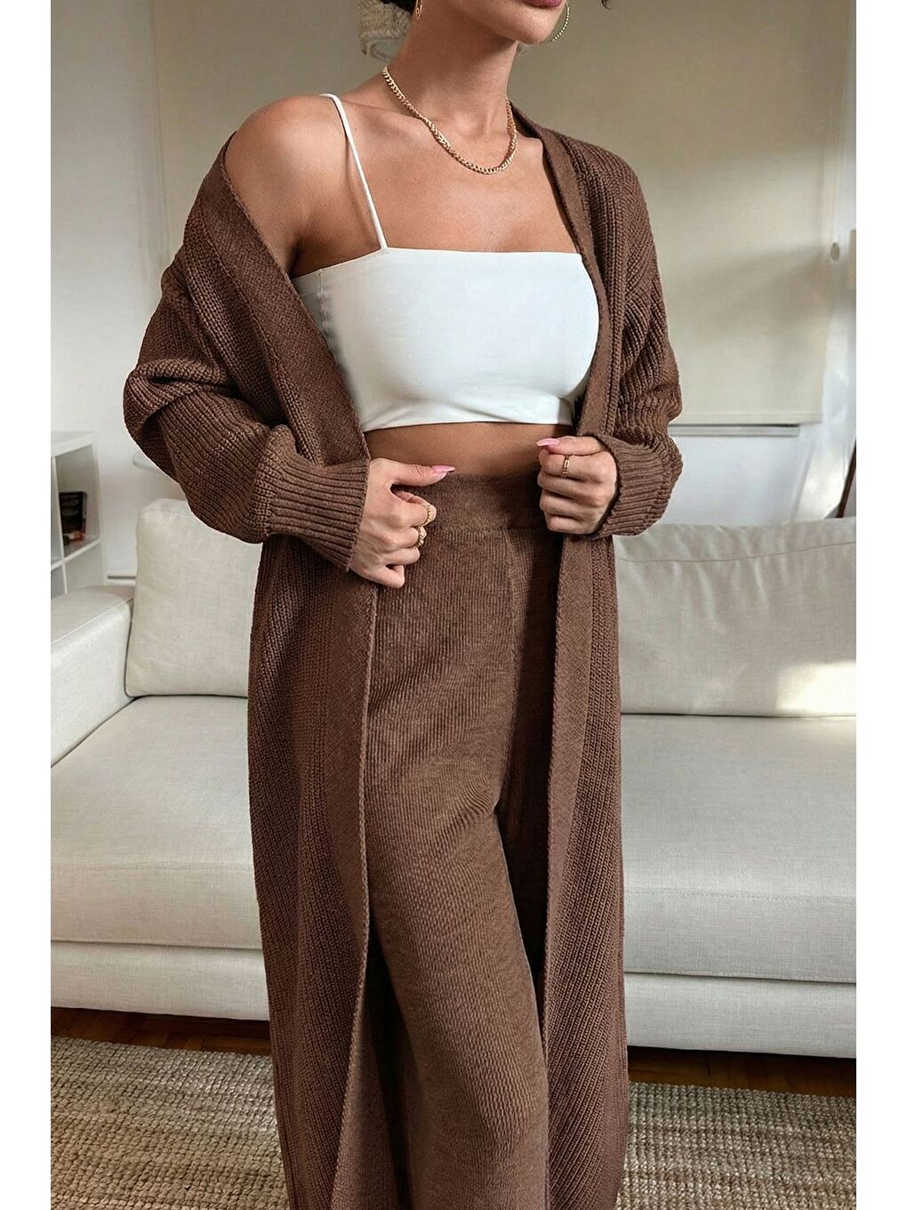 Kahverengi Kadın Bel Lastikli Triko Pantolon Uzun Hırka İkili Takım-4