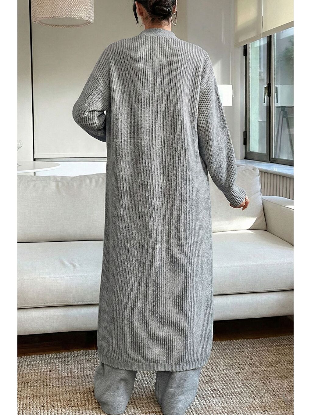 Gri Kadın Bel Lastikli Triko Pantolon Uzun Hırka İkili Takım-2