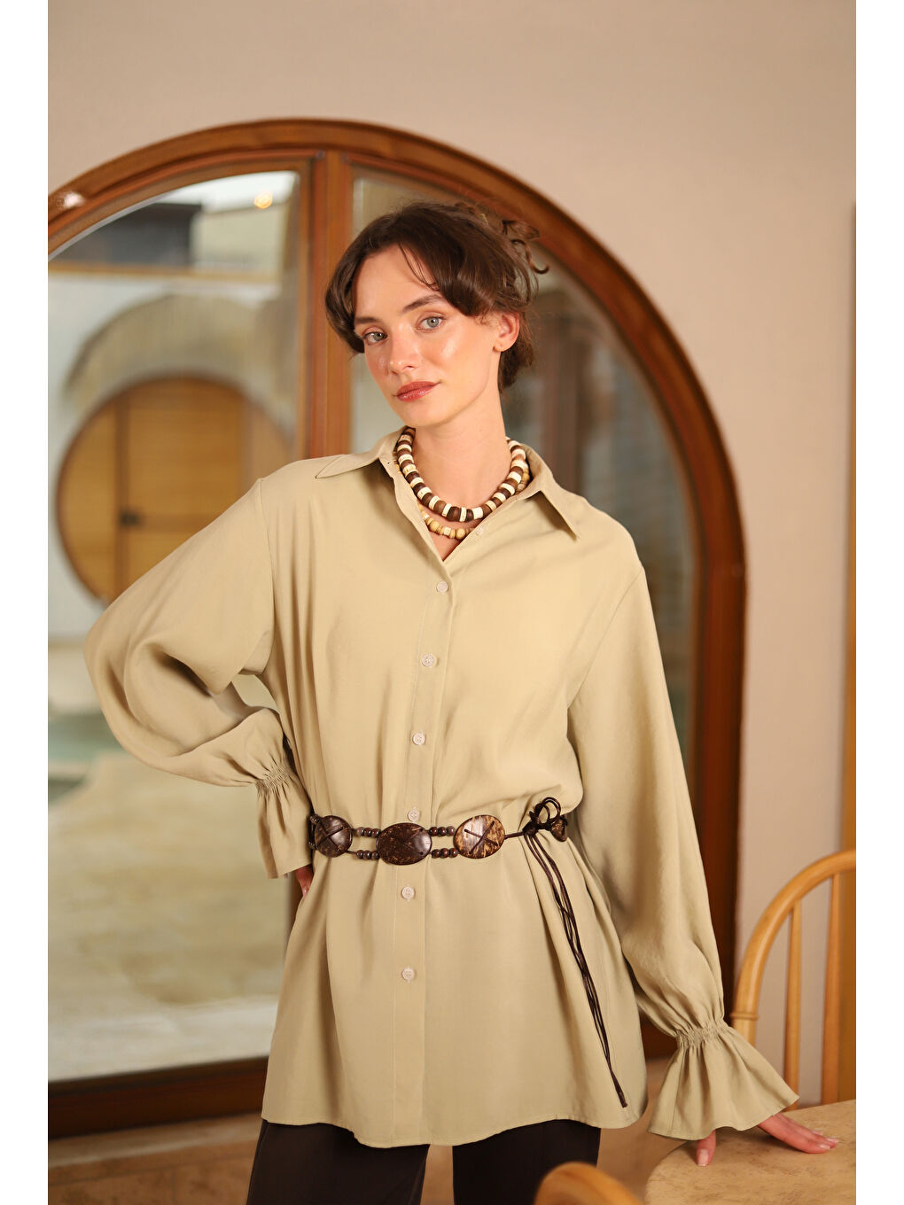 Yeşil Kolu Gipeli Modal Gömlek Adaçayı-1